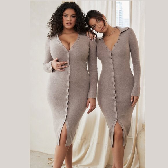 House of CB Yvette Button Front Long Sleeve Dress Wool Blend New With Tags Large - Picture 3 of 17